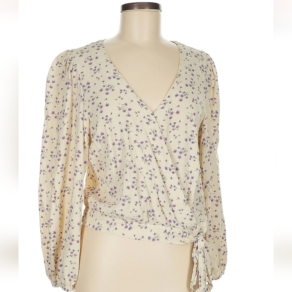 American Eagle Puff Sleeve Dainty Floral Tie Up Bow Elastic Long Faux Wrap Ditsy